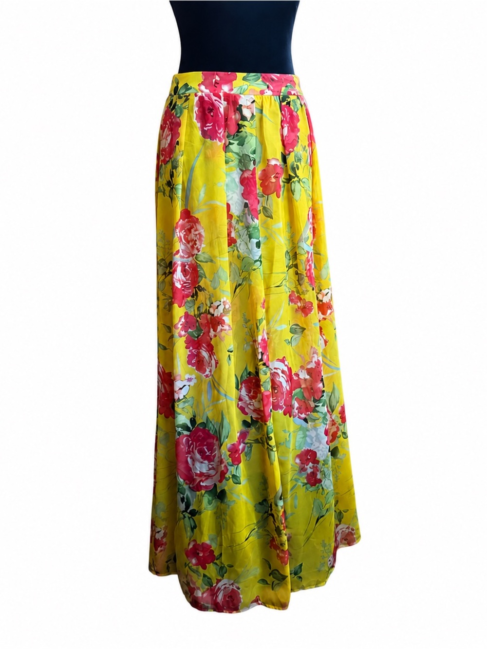 AKIRA Yellow Floral Maxi Skirt with Pink & Green Blooms